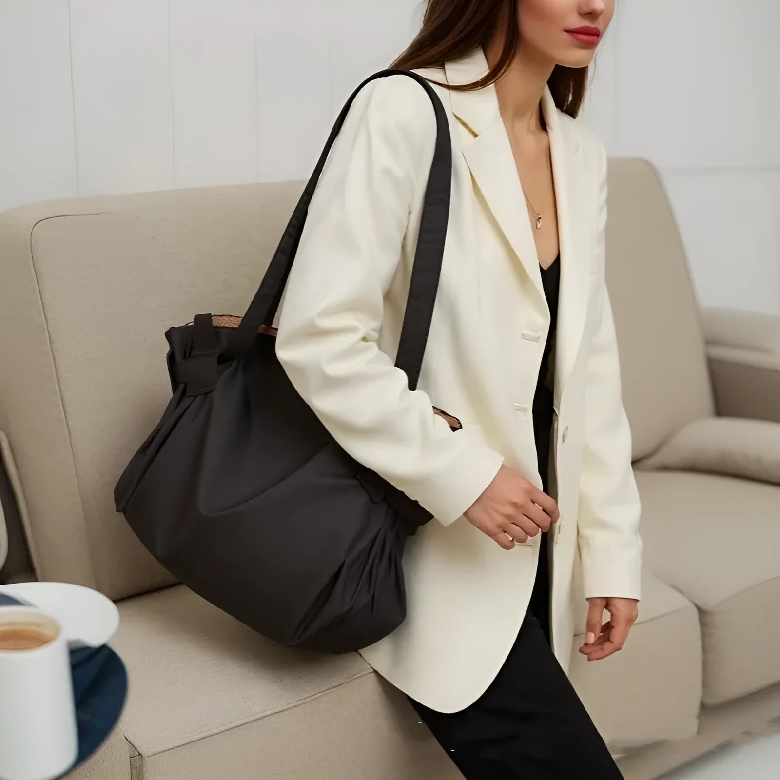 Women's Oxford cloth shoulder crossbody luggage bag in black or light brown with large capacity and expansion functionality