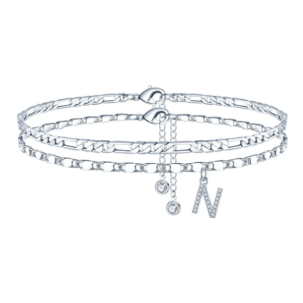 Silver colour copper double circle bead anklet with letter or number charm detailing
