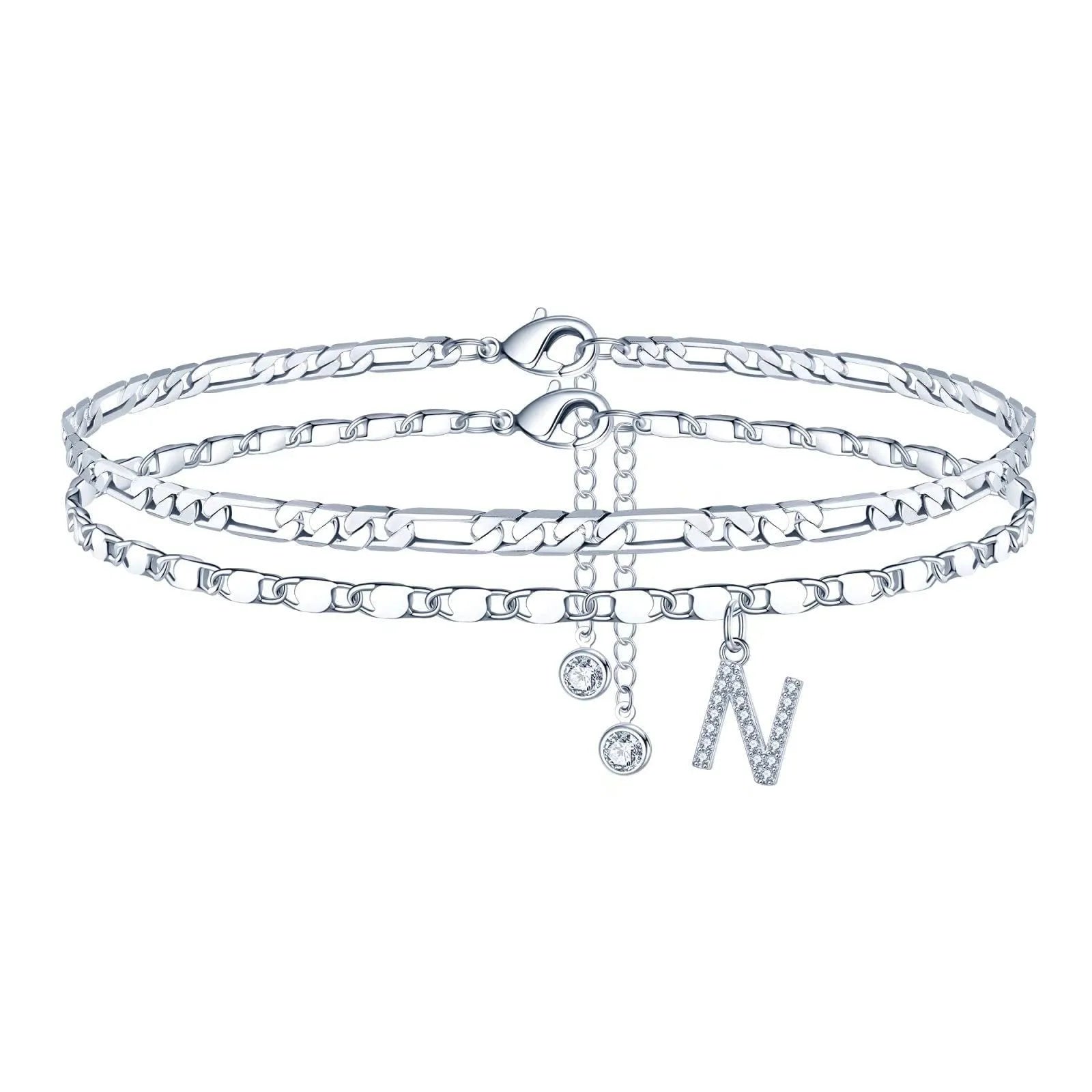 Silver colour copper double circle bead anklet with letter or number charm detailing
