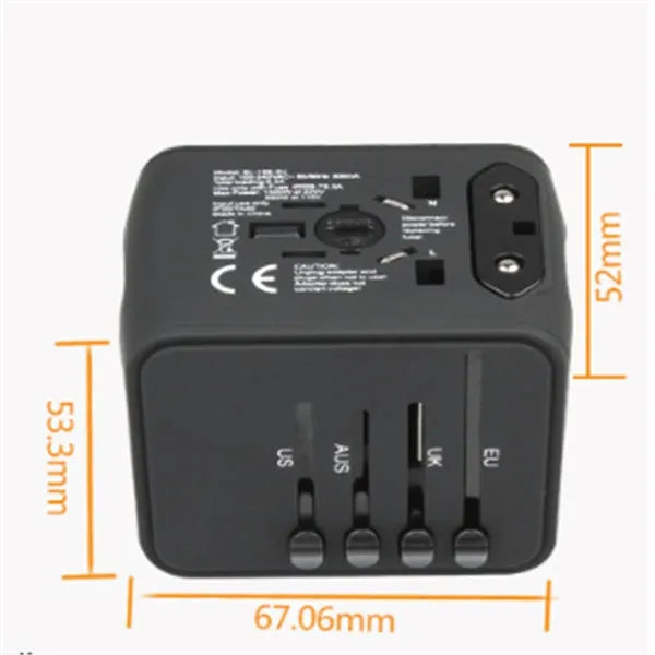 Multi-function travel socket adapter with USB, PC shell, 66x53x52mm, black