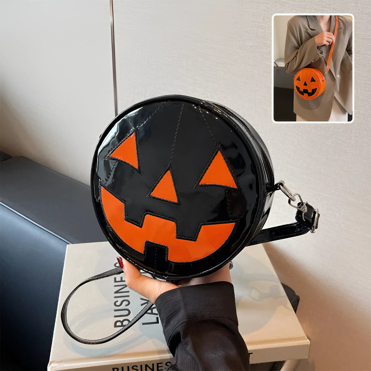 Small round pumpkin crossbody bag in PU, 18 x 18 x 7cm, shown in orange, black, and white