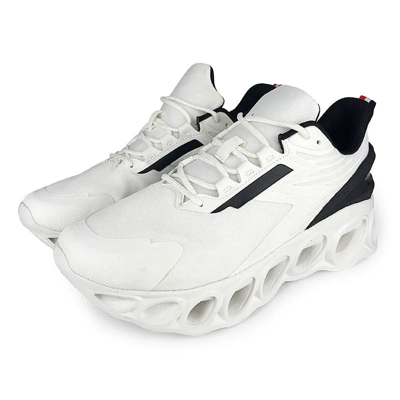Men's casual sports shoes with mesh upper, round toe, lace-up design in black, white, and dark blue colours