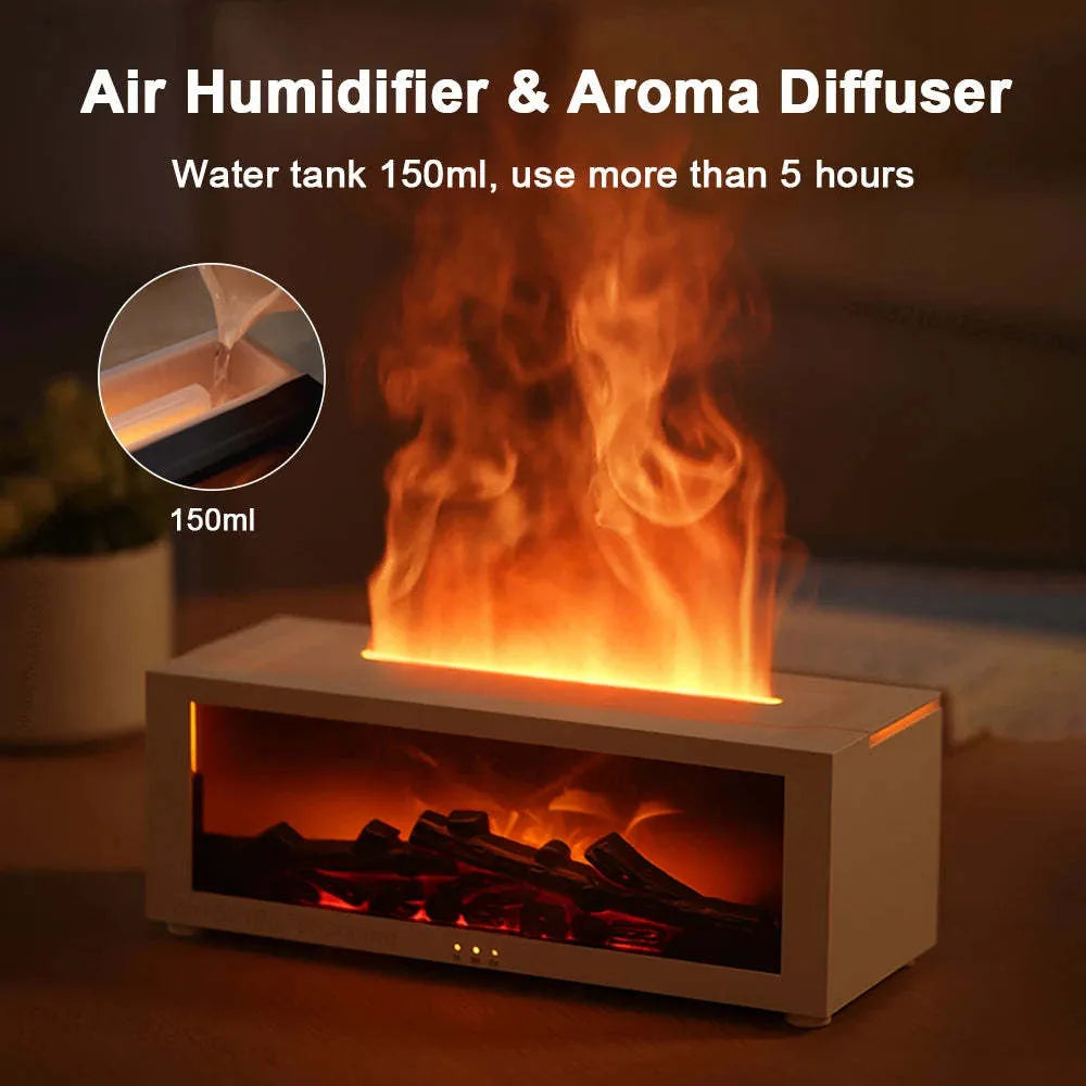 Square desktop flame aromatherapy diffuser with realistic fire effect and 7-colour mood light base.