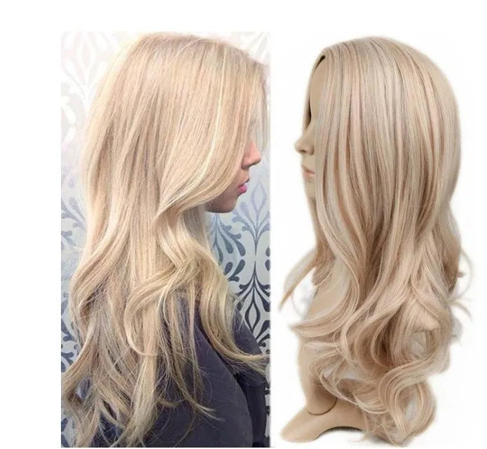 White dyed long curly wig with bangs on mannequin head showing partial highlights and 68cm length