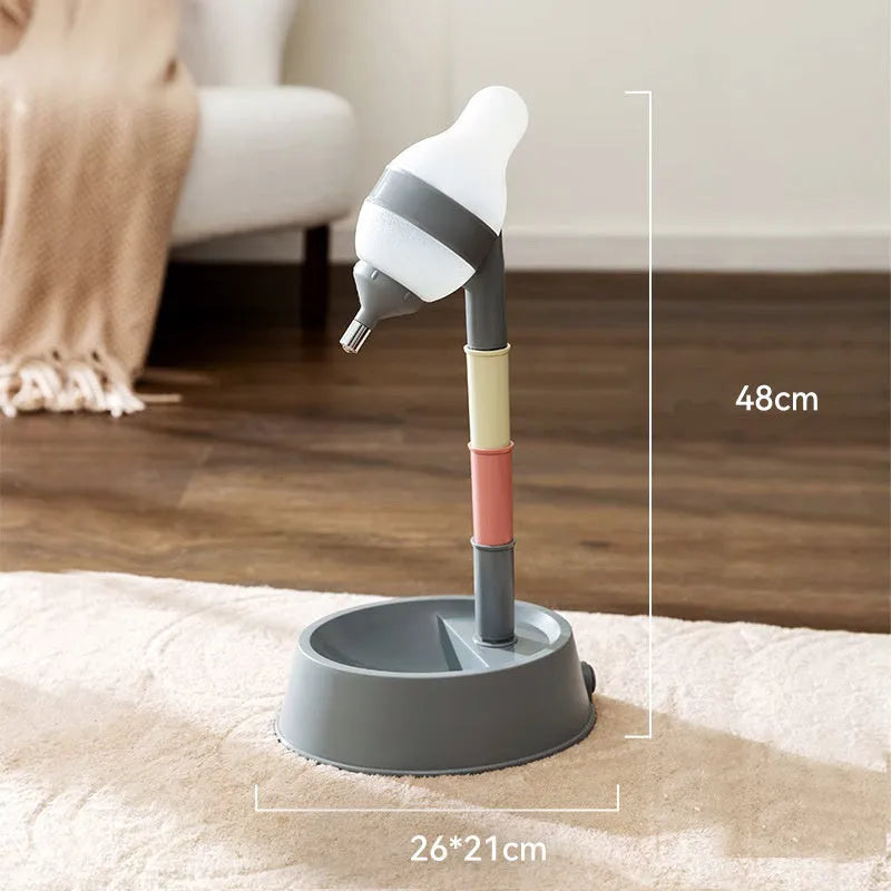 Green adjustable height pet water dispenser with detachable poles and non-drip drinking nozzle.