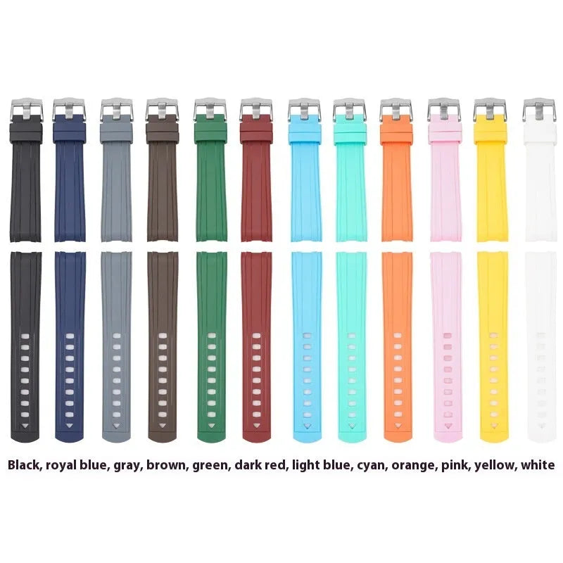 Original style replacement watch strap in multiple colours with silver buckle, shown in 20mm and 22mm widths.