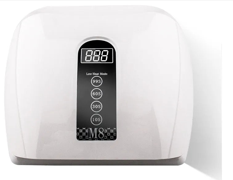 White 96W LED nail dryer with infrared sensor and removable base tray for gel polish curing