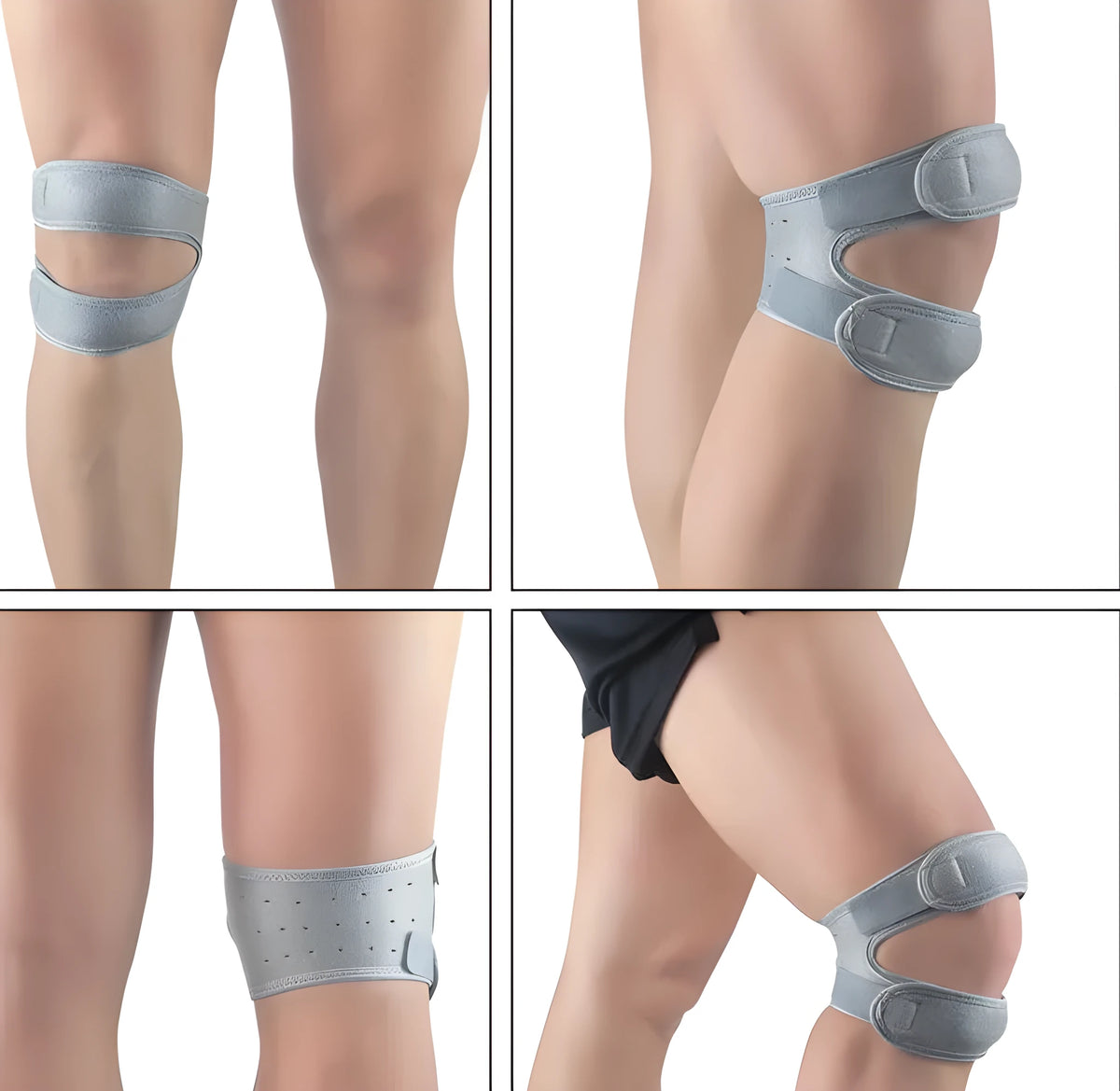 Patella knee support band with EVA shock pad, perforated rear knee, in black, grey, blue or pink