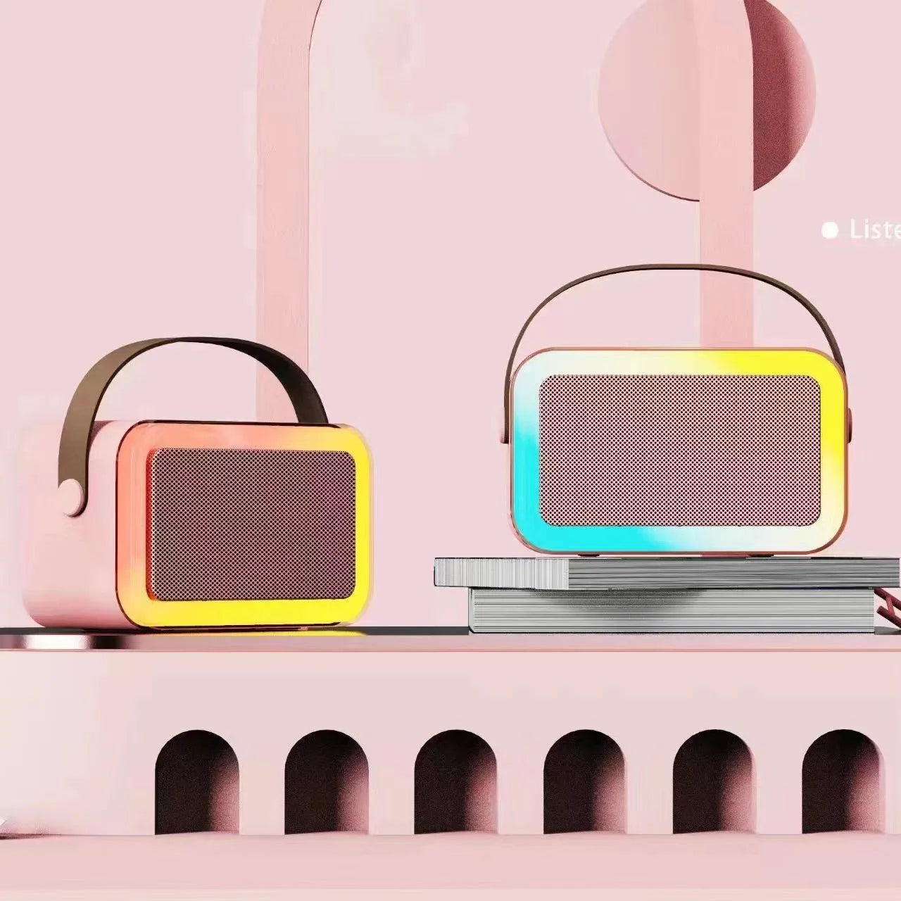 Portable Bluetooth speaker microphone with coloured LED lights in pink, sky blue, or white.