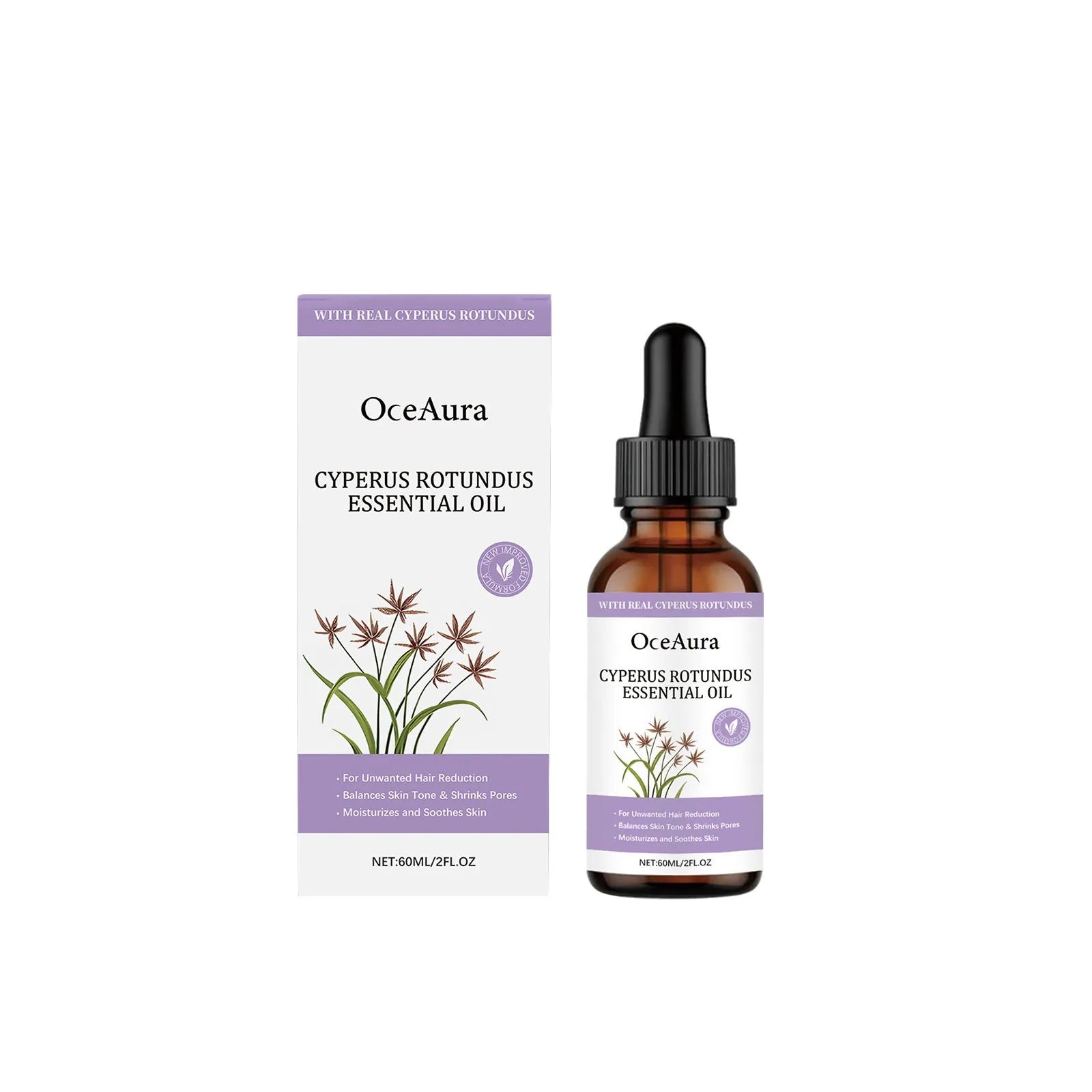 60ml bottle of fragrant hair removal treatment softening oil with botanical extracts.