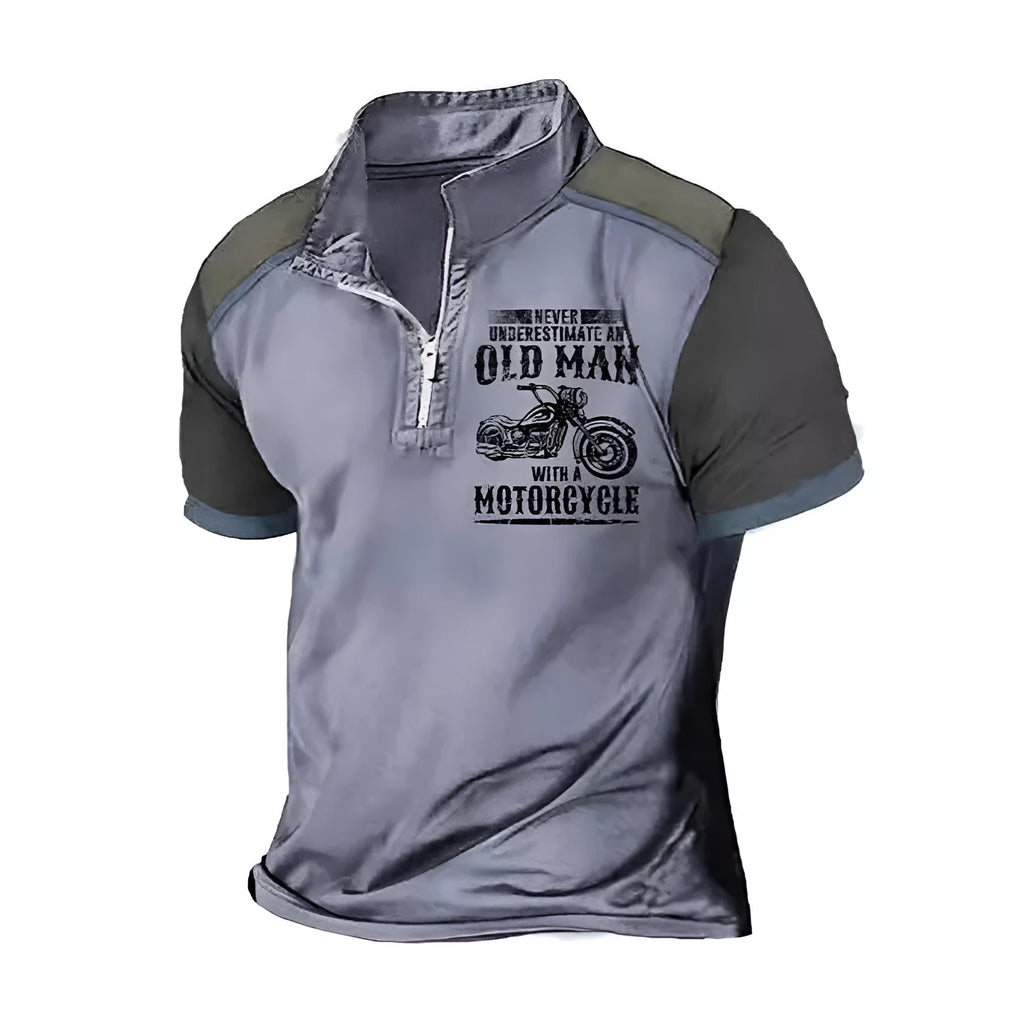 Men's casual lapel collar polo shirt with a digital letter print and short sleeves.