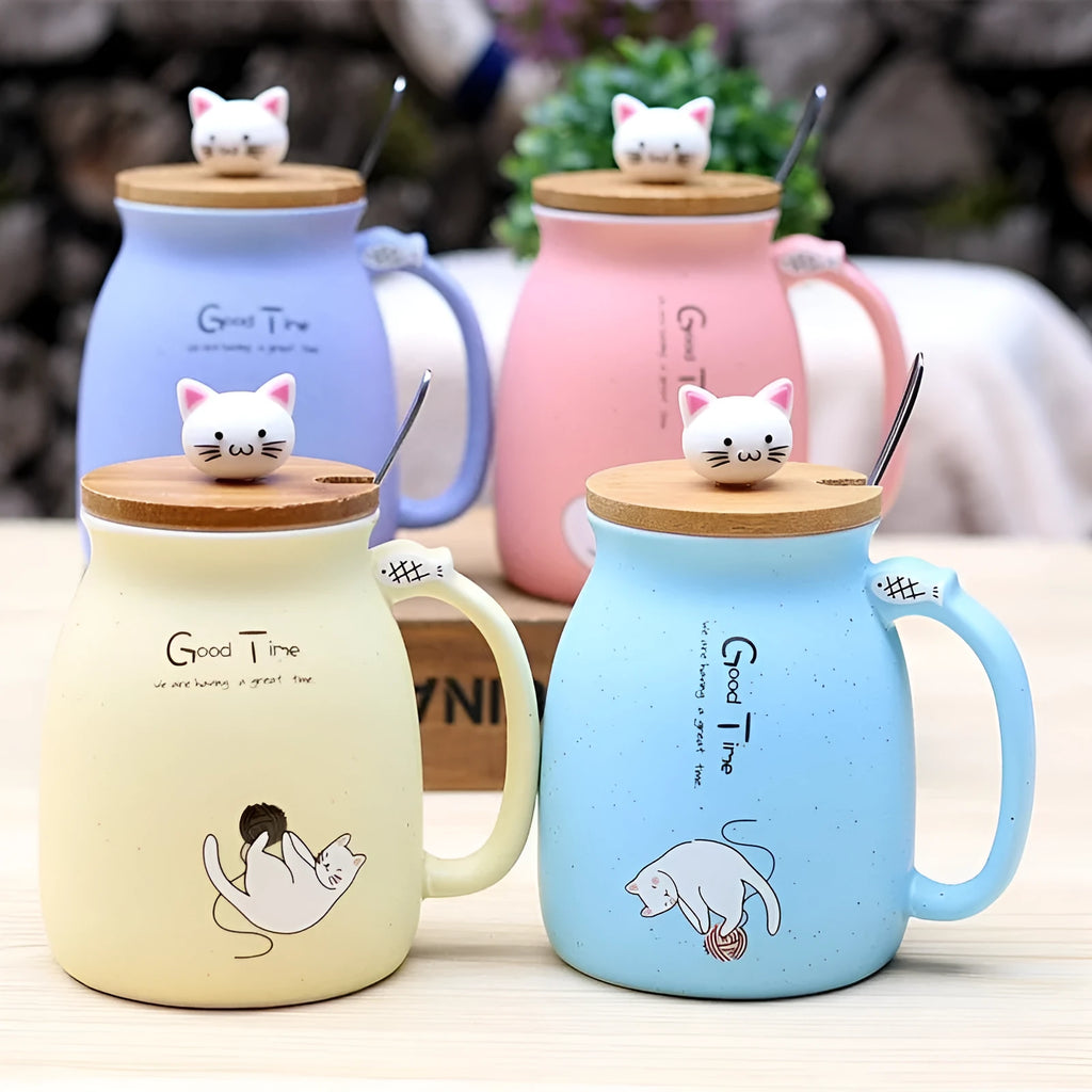 450ml cartoon cat ceramic mug with wooden lid and stainless steel spoon in blue, pink, purple, or yellow
