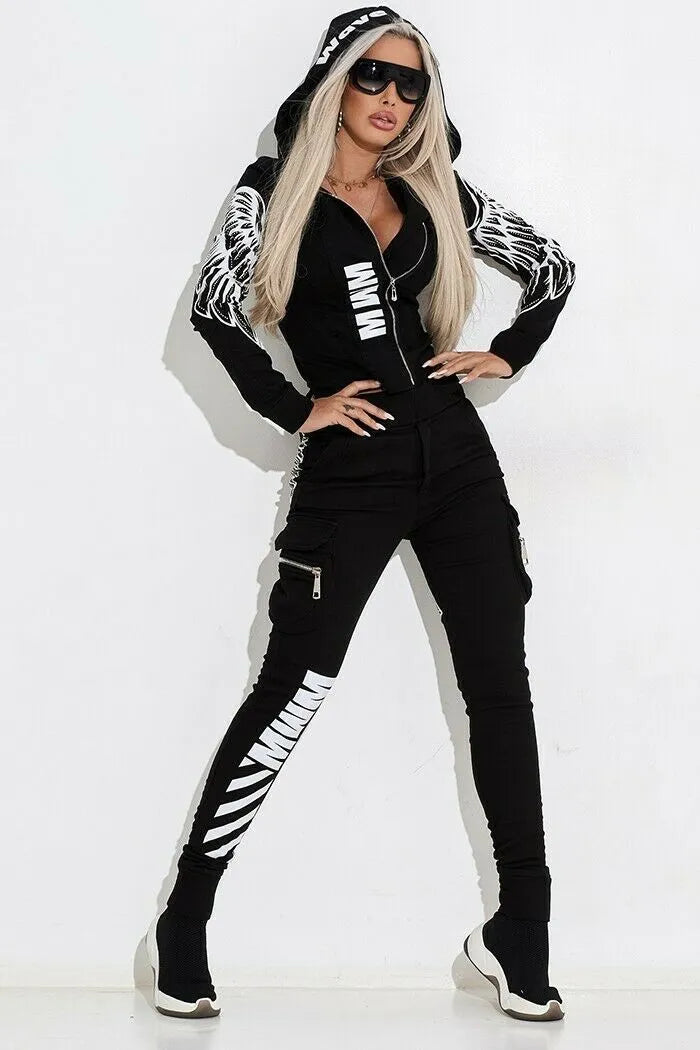 Black women's zip-up hooded tracksuit set with a printed pattern, shown as a two-piece outfit.