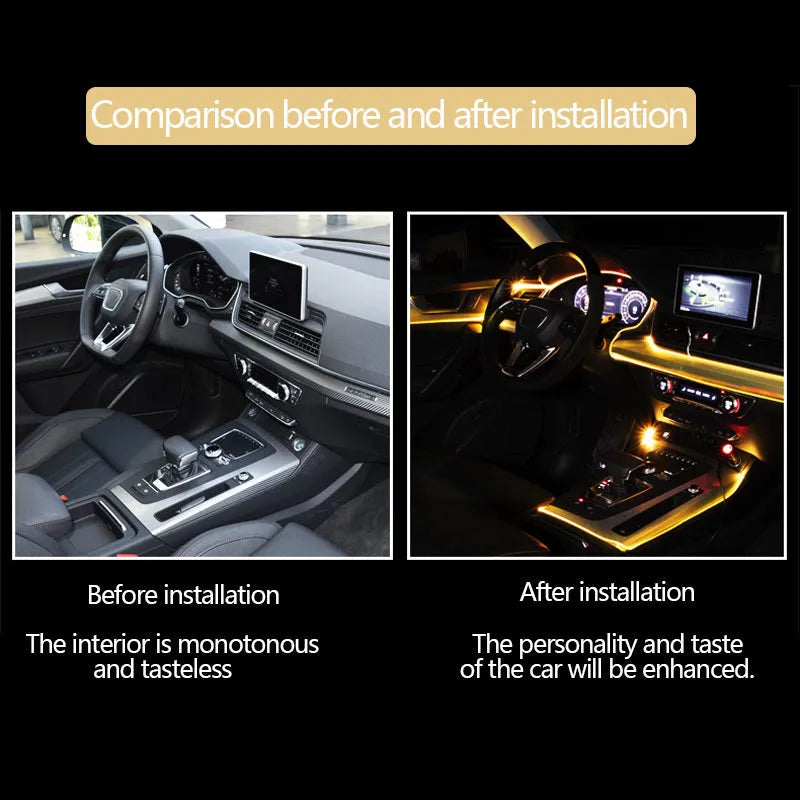 Car fiber optic ambient light strip showing RGB colours on a car door panel and dashboard
