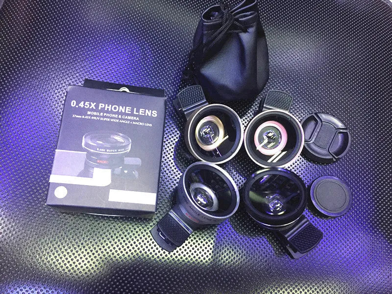 0.45X wide angle mobile phone lens attachment in black, gold, rose gold, and silver colours