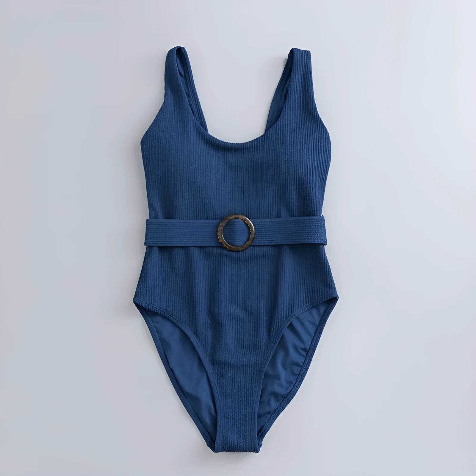 Navy blue women's one-piece swimsuit with triangle neckline, slim fit, and sleeveless design.