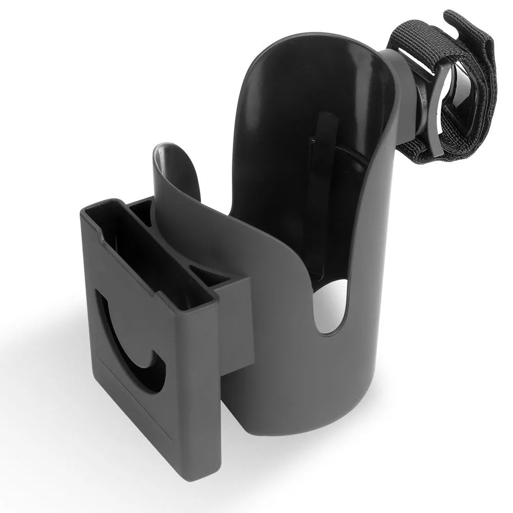 Black ABS cup holder and mobile phone stand set for pram or trolley, holding a cup and phone.