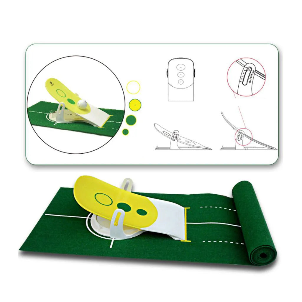 Precision putter exerciser with green non-woven push rod blanket 230cm length and simulator on wooden floor