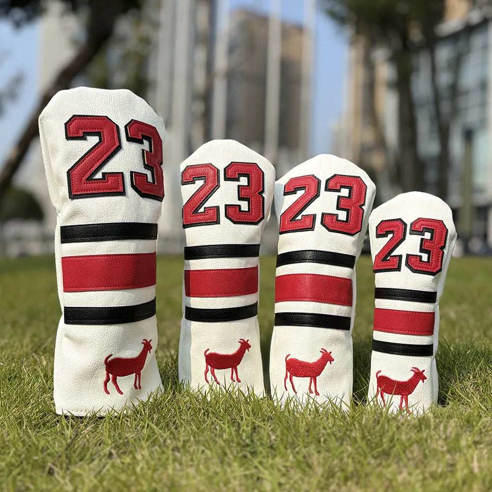 Set of four PU golf club head sleeves in a chosen colour for UT, No 1, 3/5, and Square putter woods.