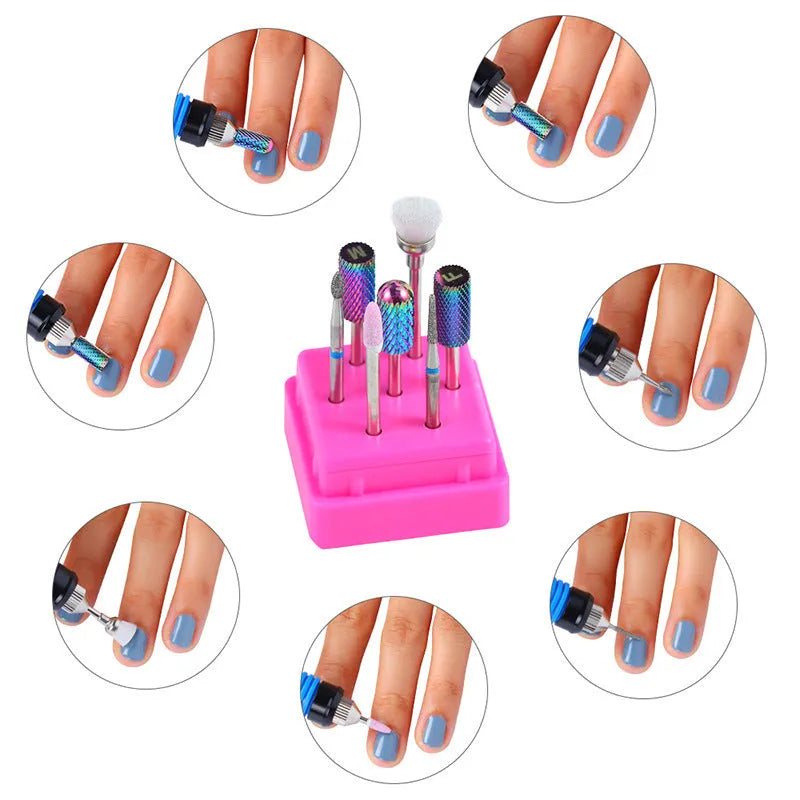Tungsten steel nail drill bit set with six bits and a brush in a transparent case.