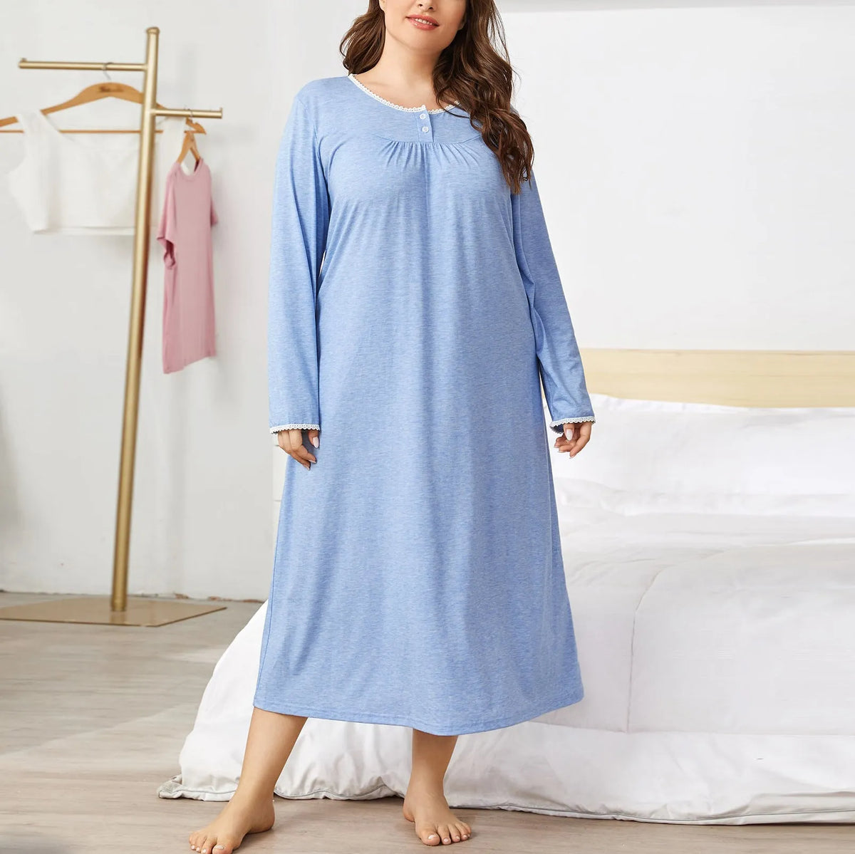 Women's light blue long-sleeved nightdress with lace stitching and pleated detailing