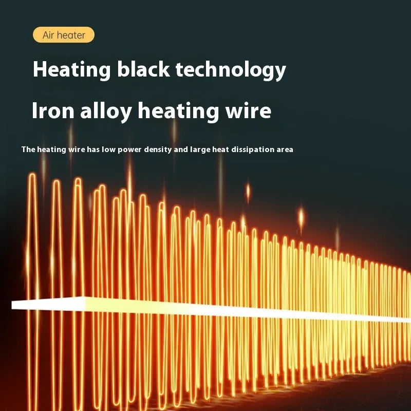 White rectangular desktop electric heater with power settings and a front grille, placed on a wooden desk.