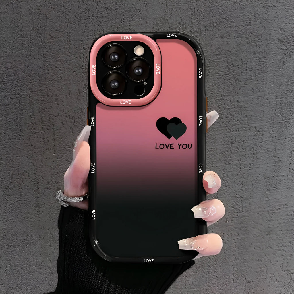 Acrylic iPhone case with fine hole pattern showing gradient love heart design on black background