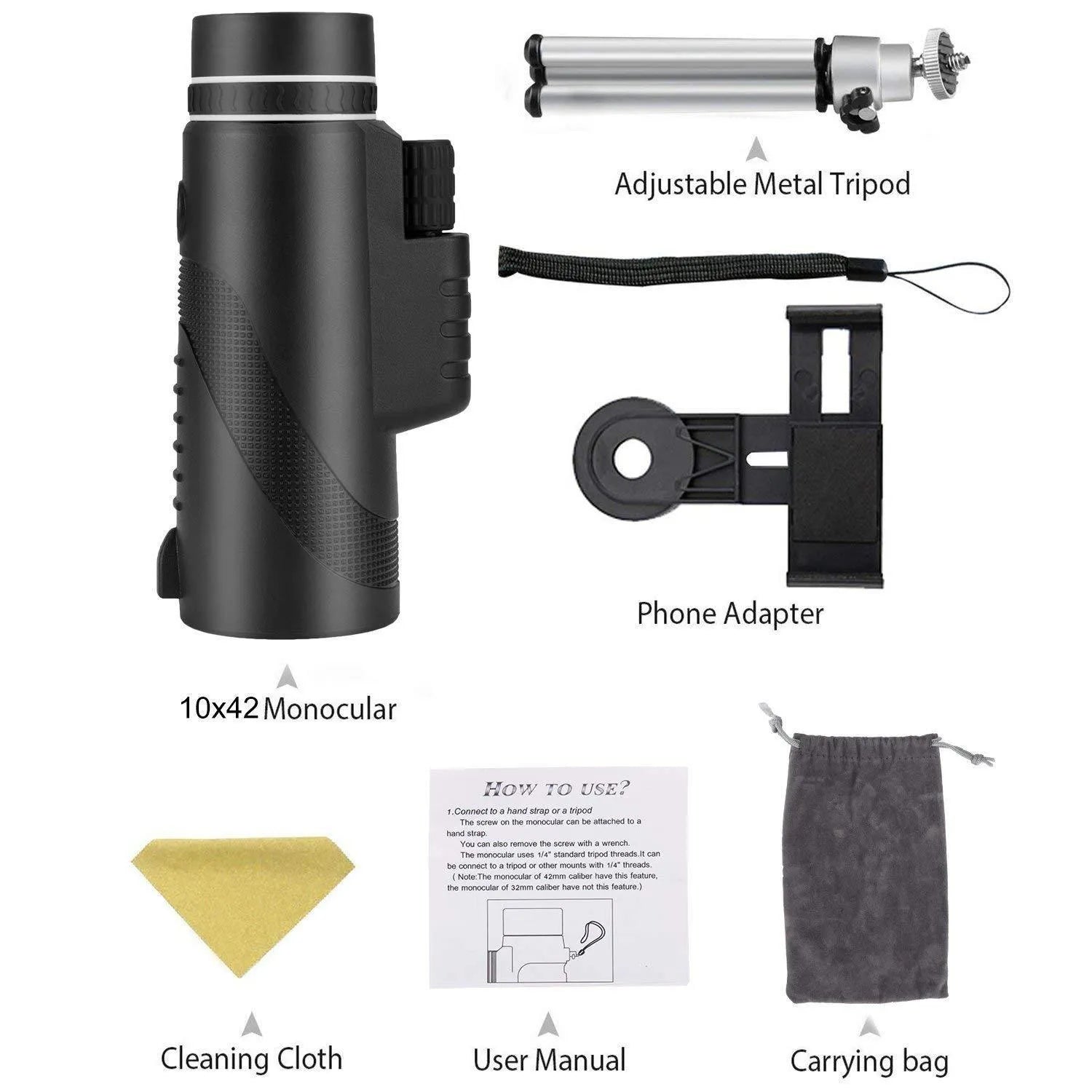Black 40x60 HD monocular telescope with smartphone compatibility for long-range observation.