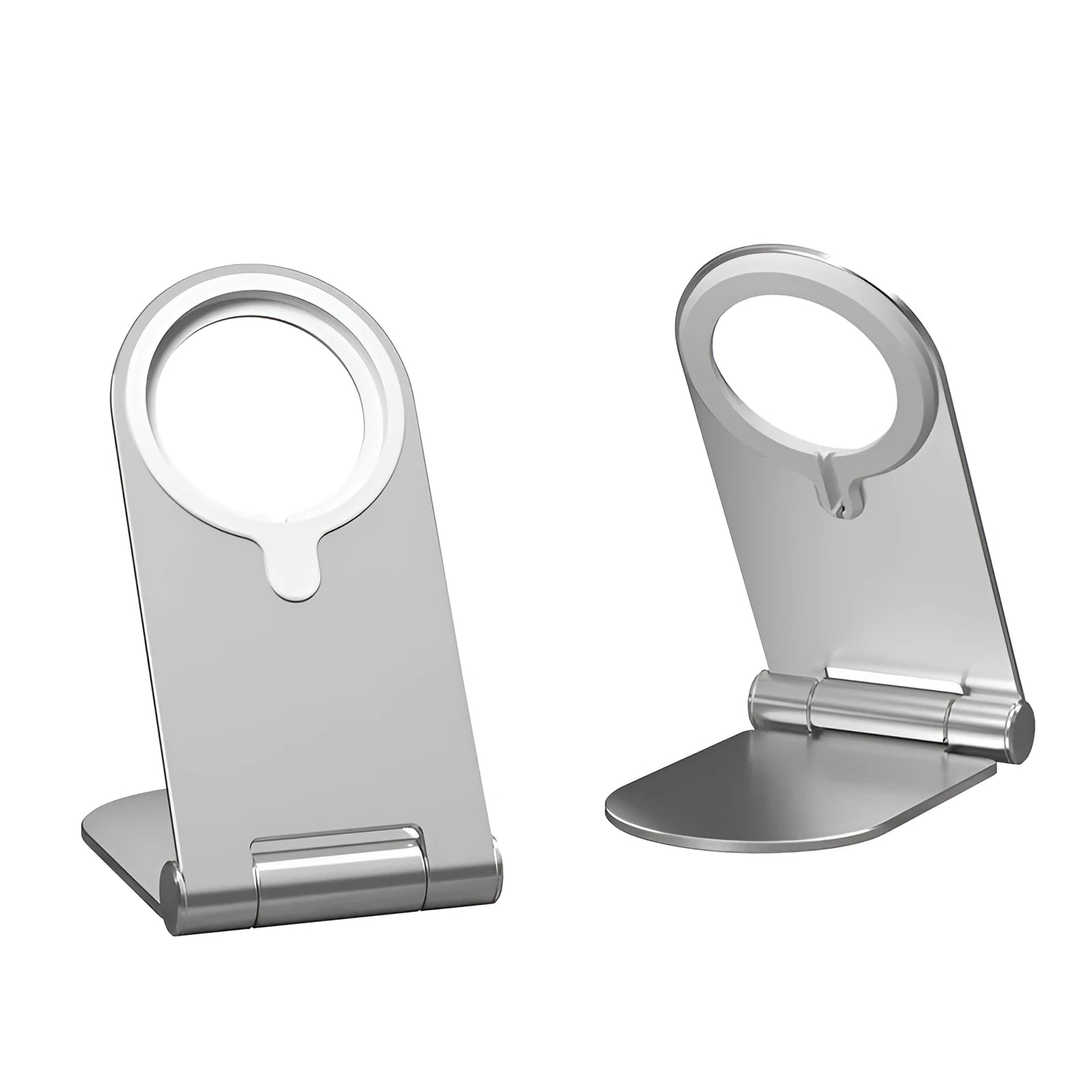 Silver vertical adjustable magnetic phone mounting bracket for iPhone12 on a desk.