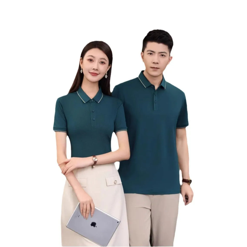 Summer work polo shirt with ice ion collar in chemical fibre blend fabric, loose fit short sleeve design