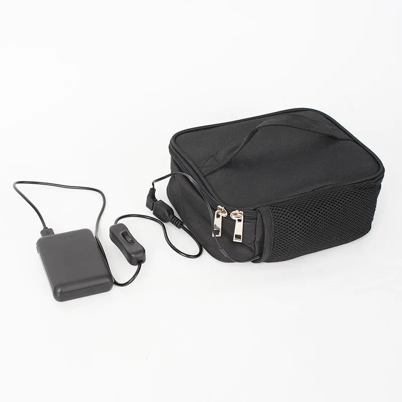 Black USB heating lunch thermal bag with Oxford cloth construction and power connection