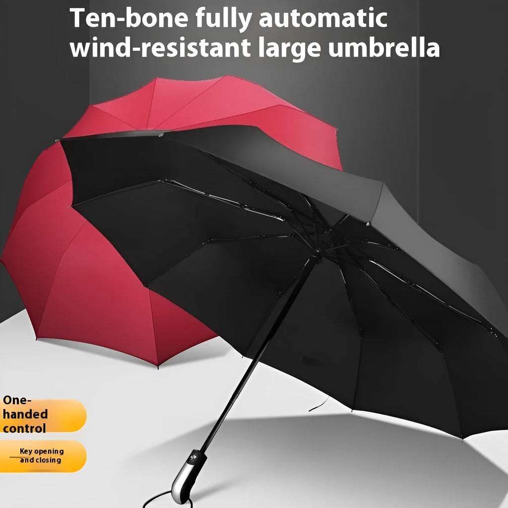 Black automatic triple folding business umbrella with steel ribs and a rubber handle.