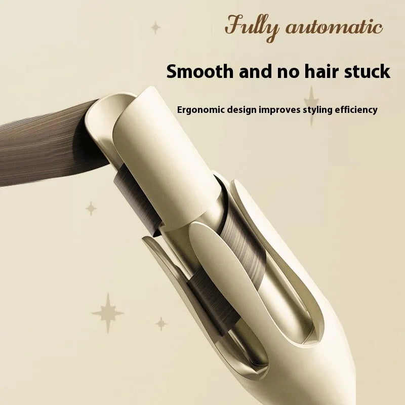 White and pink automatic hair curler with a rotating 32mm ceramic barrel and a power plug.