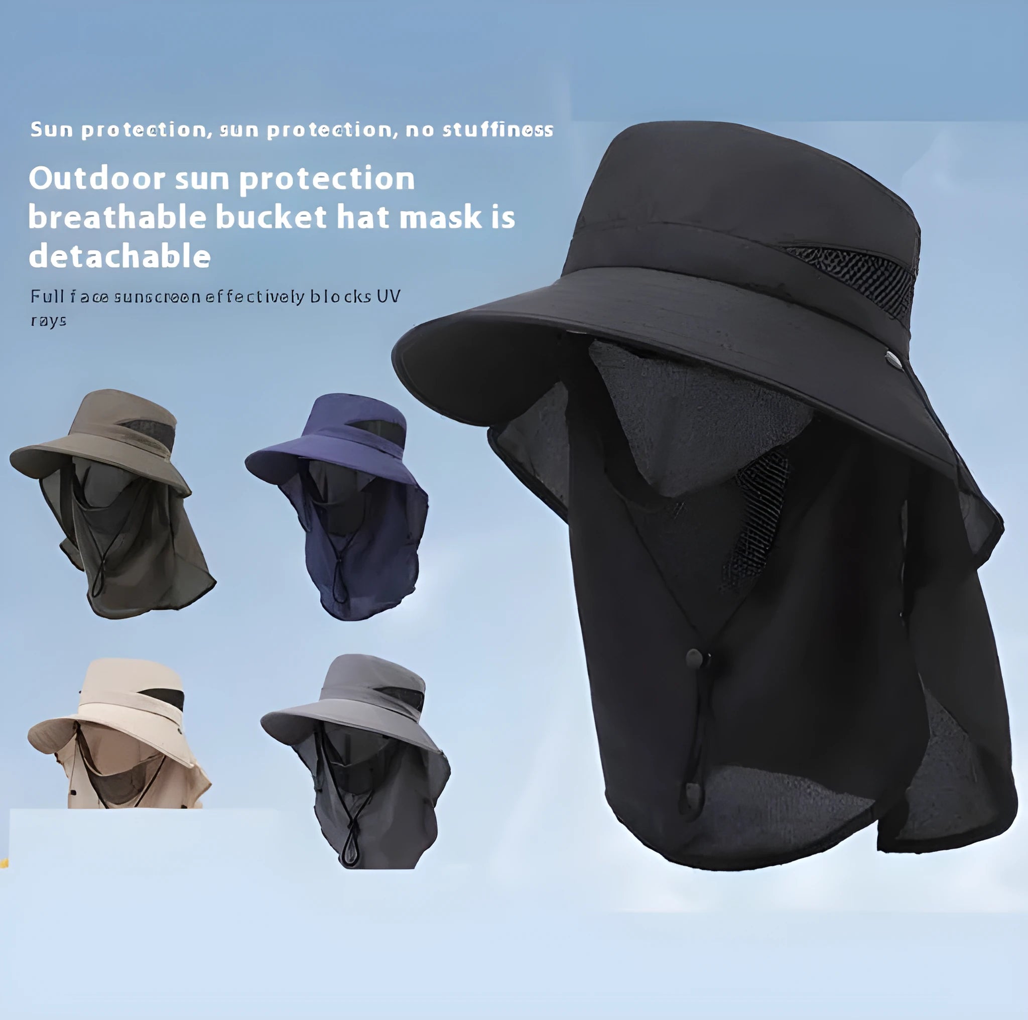 Men's khaki polyester fisherman hat with wide brim on a wooden fence, showing adjustable inner drawstring.