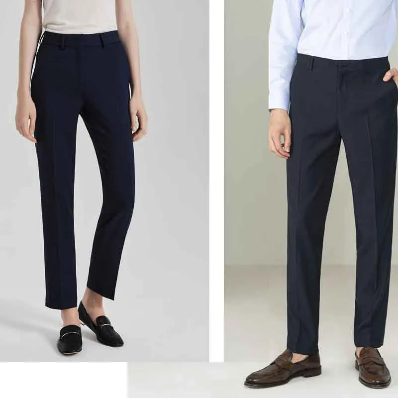 Men's and women's business formal straight-leg suit pants in black, polyester blend fabric