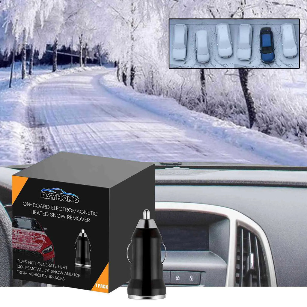 Black portable car deicer and charger unit measuring 5.5 by 2.3 centimetres