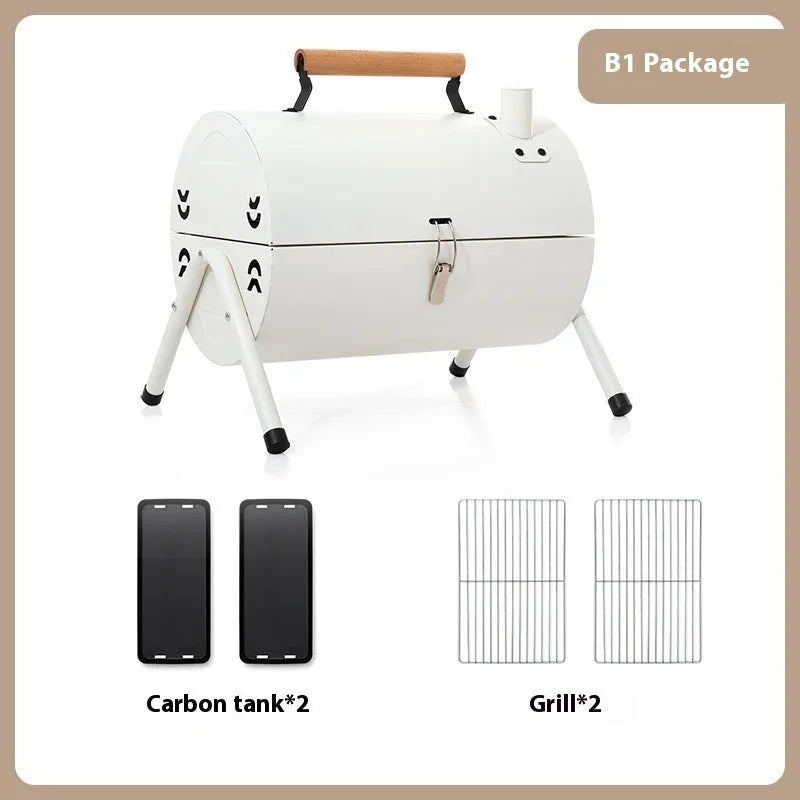 White round chimney oven style portable grill with folding carbon tank for frying and baking.