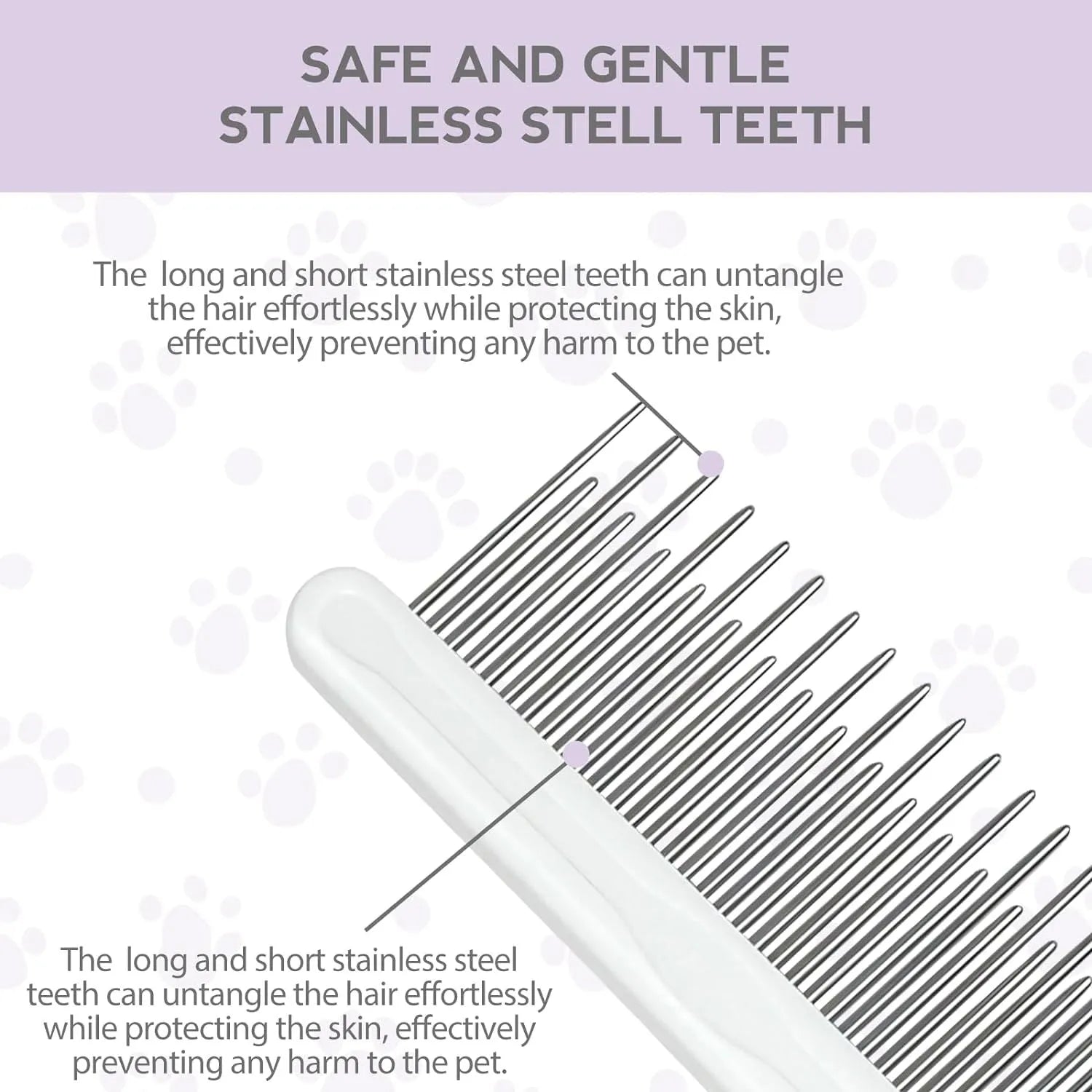 Purple pet detangling comb with stainless steel teeth on a 27cm long ergonomic handle.
