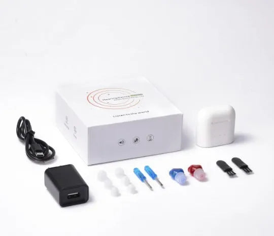 TWS G19 sound amplifier in Red Blue colour with charging silo, silicone ear tips, wireless charging action.
