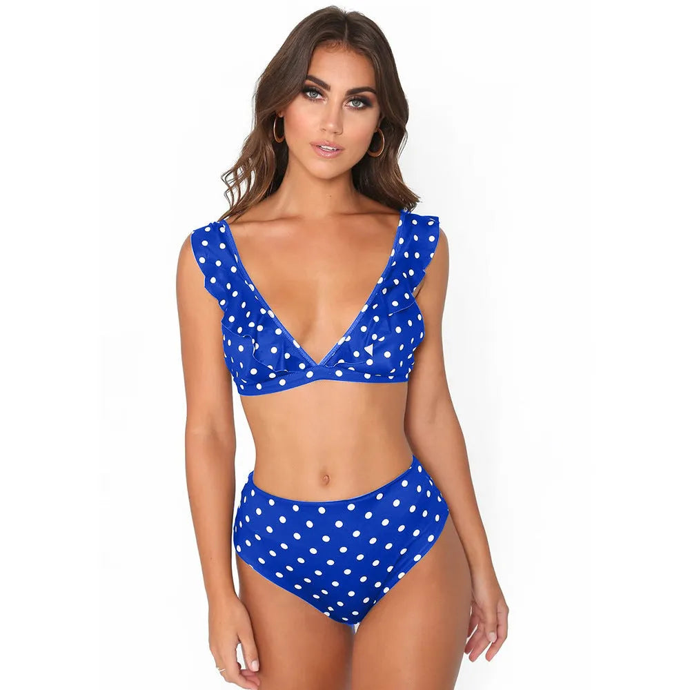Women's polka dot print ruffled bikini set with deep V-neck top