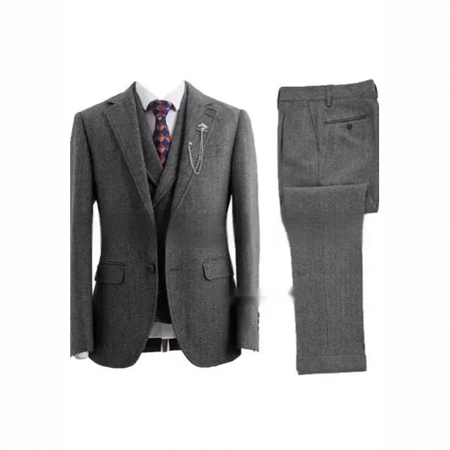 Men's slim fit three-piece suit in brown colour made from nylon fabric, front view with jacket and trousers
