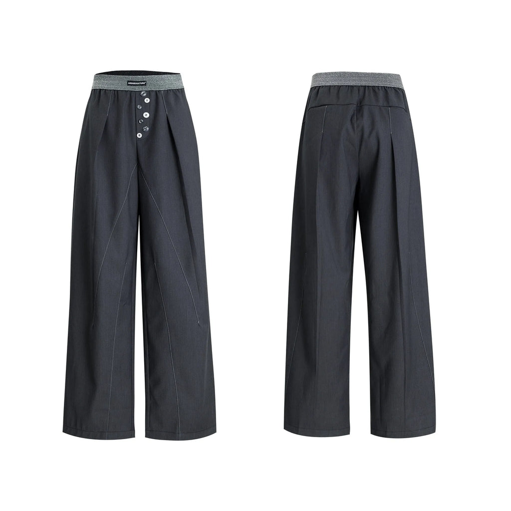 Drooping straight-leg casual pants in black with high waist and button open line design.