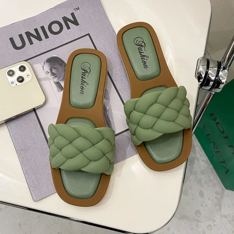 Women's plaid pattern beach sandals with thick PVC sole in white, green, black, or orange.