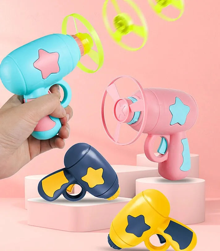 LED light dragonfly flying disc launcher toy set with blue launcher and colourful discs