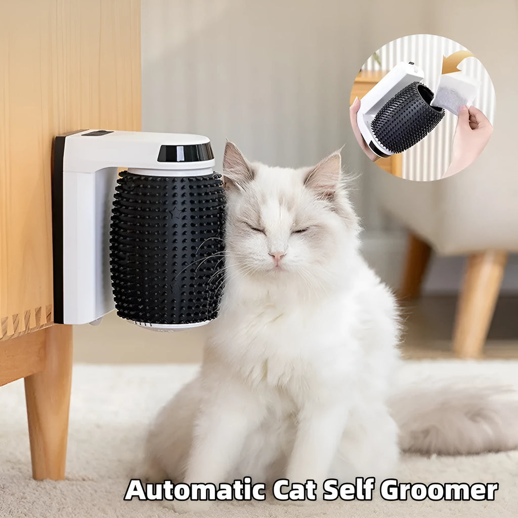 White automatic cat self groomer mounted in corner with silicone bristles for brushing