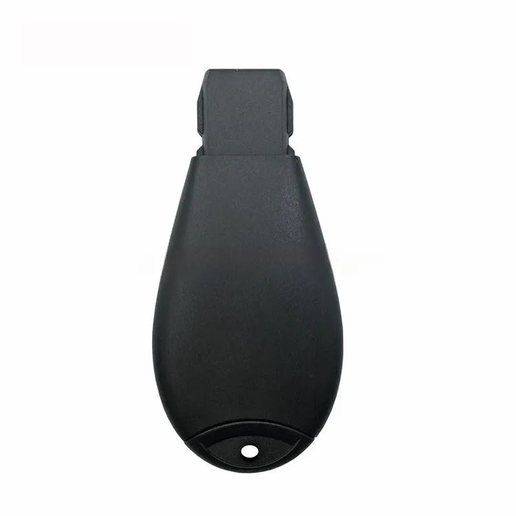 Empty replacement smart key shell for Dodge and Chrysler vehicles, showing dimensions and model codes.
