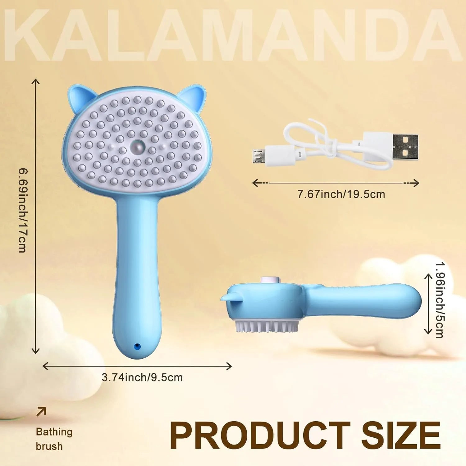 Cat ear-shaped steam grooming brush with ergonomic handle and coloured bristles
