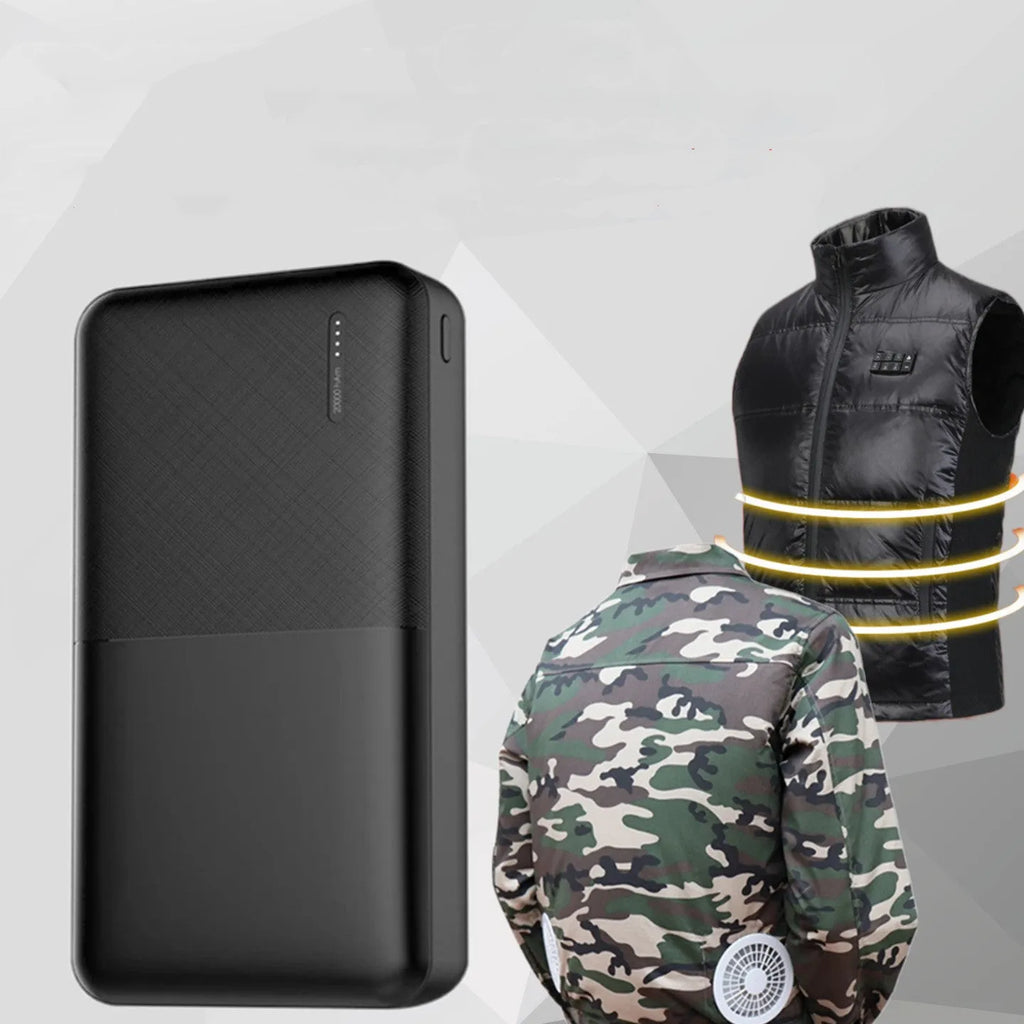 20000mAh black or white power bank with multiple USB ports measuring 140x69x26mm