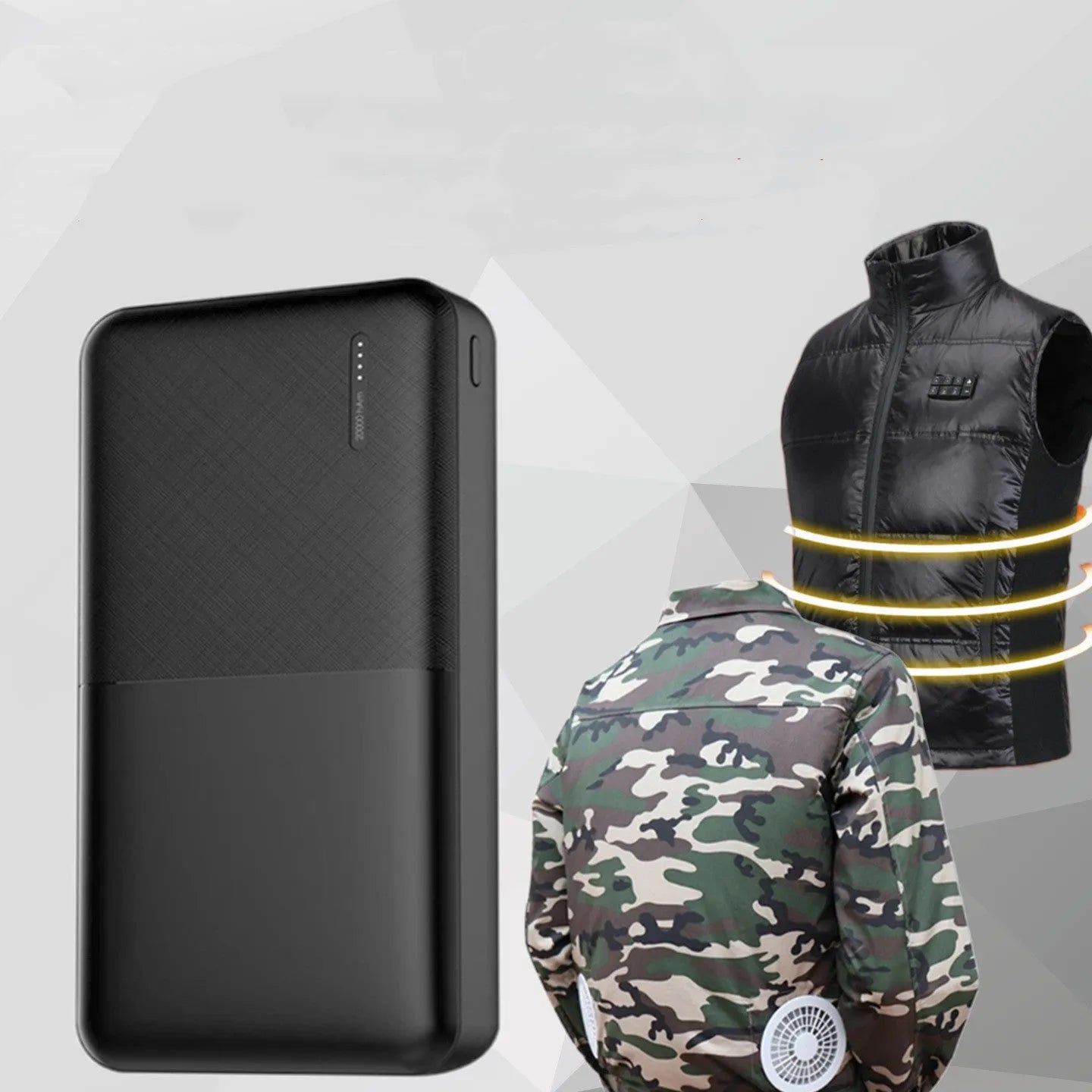 20000mAh black or white power bank with multiple USB ports measuring 140x69x26mm