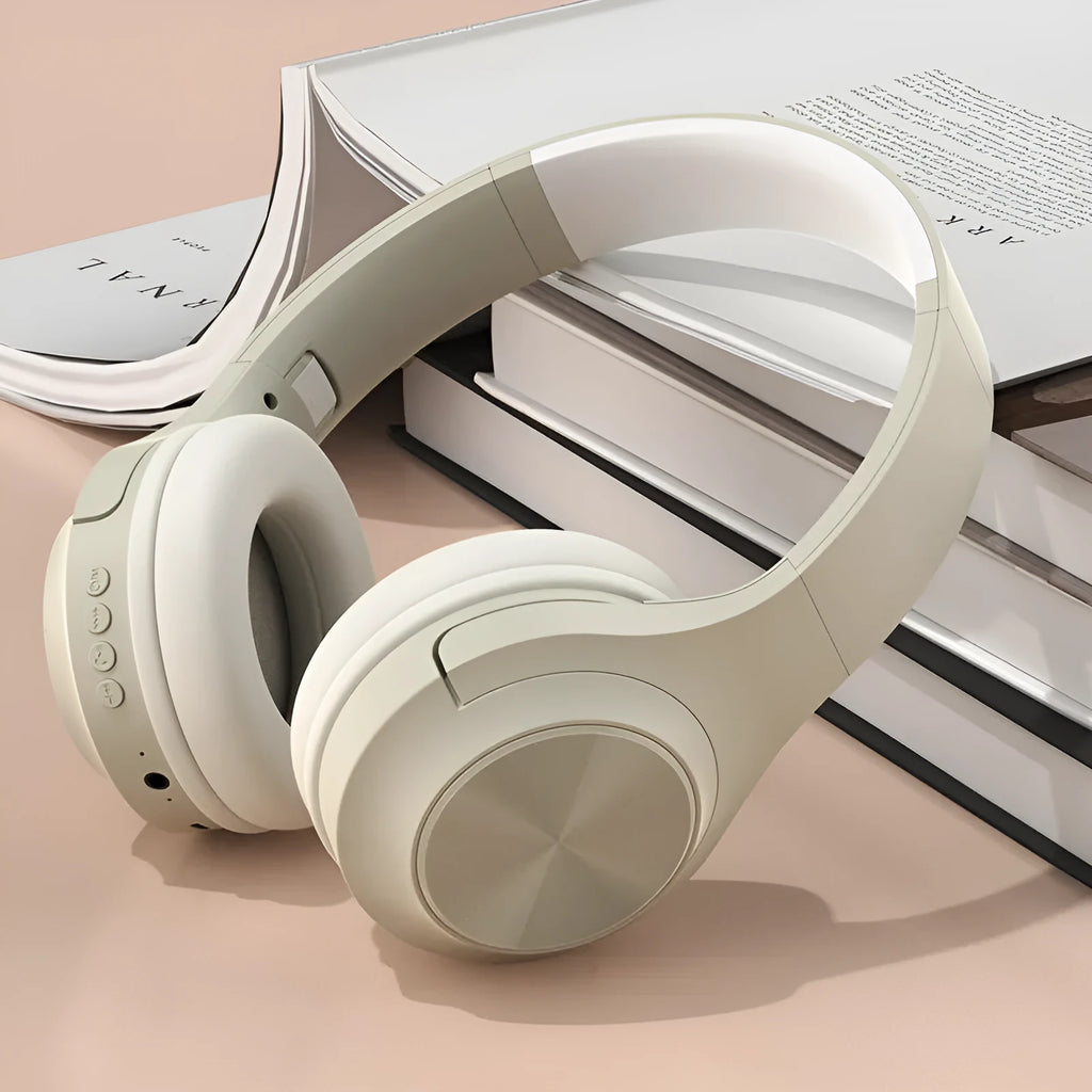 Personalised wireless Bluetooth headset in youth green colour showing head-mounted design and charging case.
